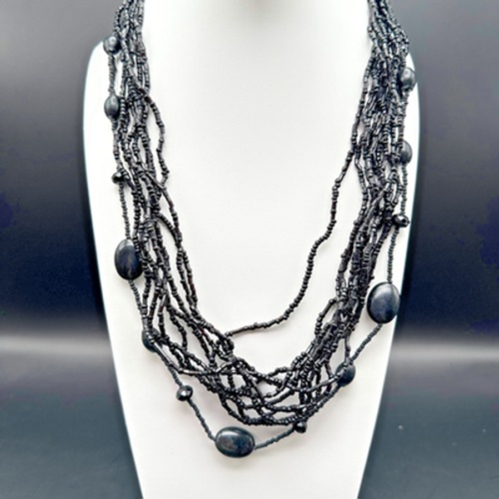 Vintage 80s 90s Black Multi Strand Beaded Necklace Statement Layered Era Jewelry